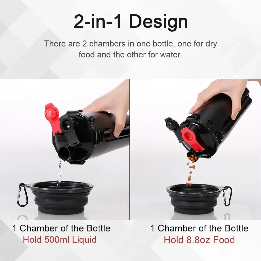Dog 2 in 1 Travel Water Bottle Food Dispenser with Collapsible Bowls Hiking